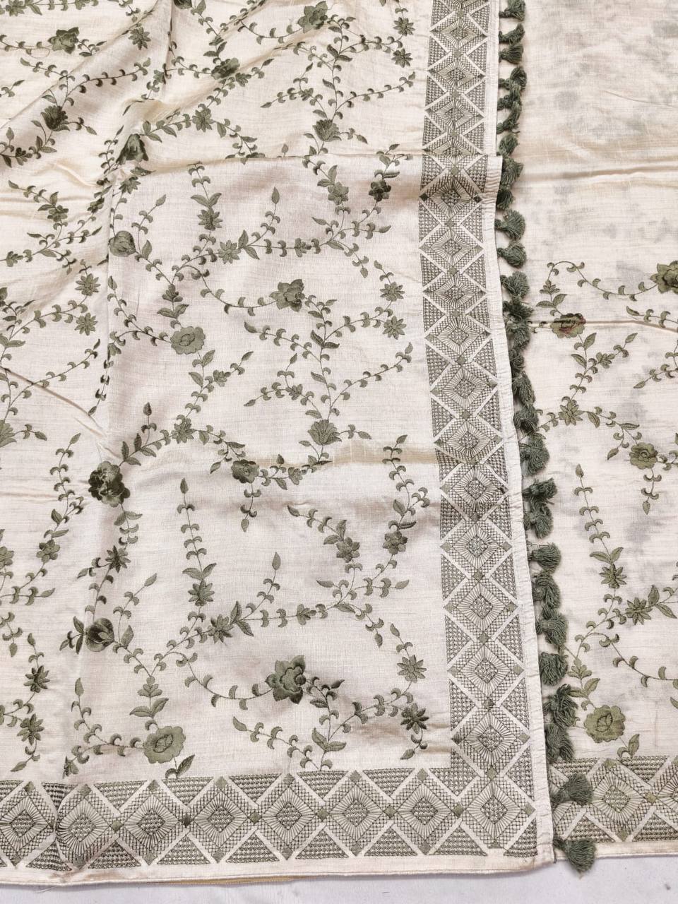 Quintessential Beige Embroidery Work Tussar Silk Saree With Impressive Blouse Piece