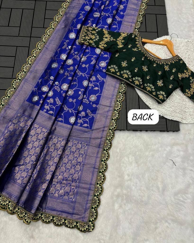 Party Wear Embroidery Work PISTA Saree With Golden Border - NEVY BLUE