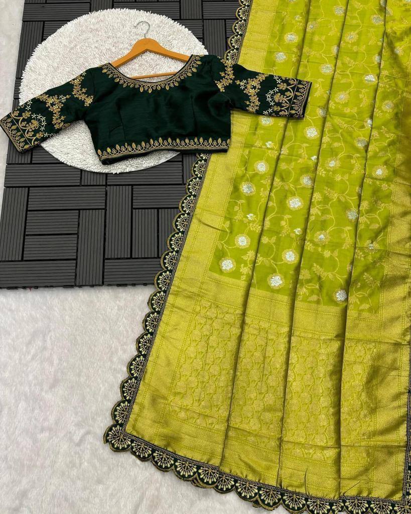 Party Wear Embroidery Work PISTA Saree With Golden Border - PERROT