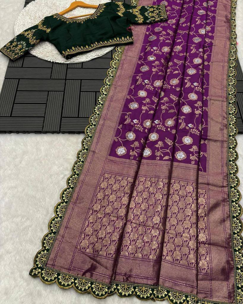 Party Wear Embroidery Work PISTA Saree With Golden Border - PURPLE