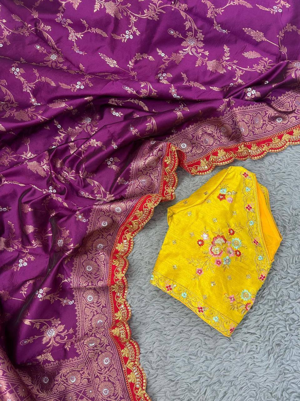 Party Wear Embroidery Work PISTA Saree With Golden Border - PURPLE