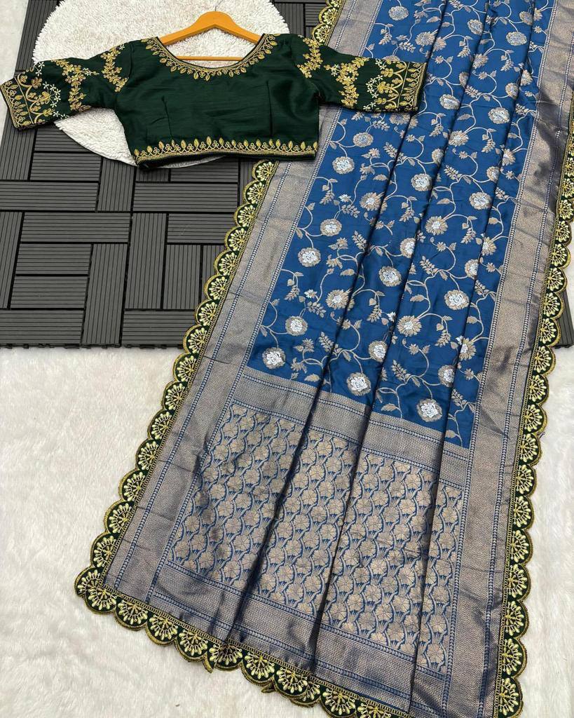 Party Wear Embroidery Work PISTA Saree With Golden Border - BLUE