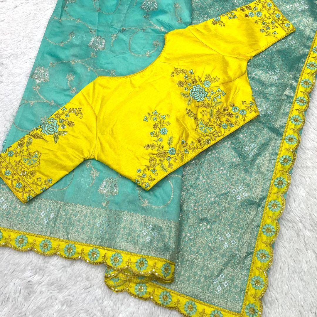 Party Wear Embroidery Work PISTA Saree With Golden Border - SKYE BLUE