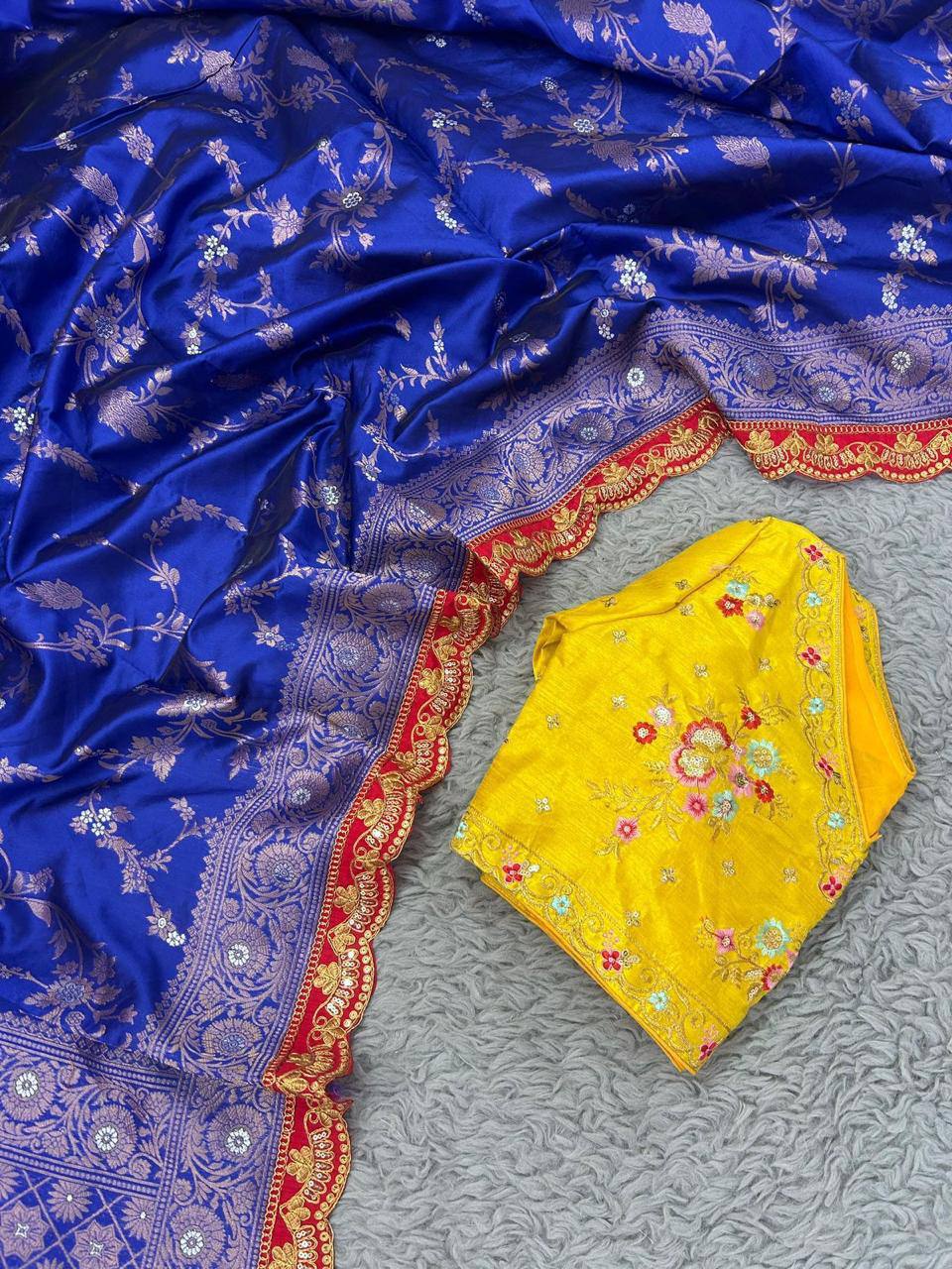 Party Wear Embroidery Work PISTA Saree With Golden Border - BLUE