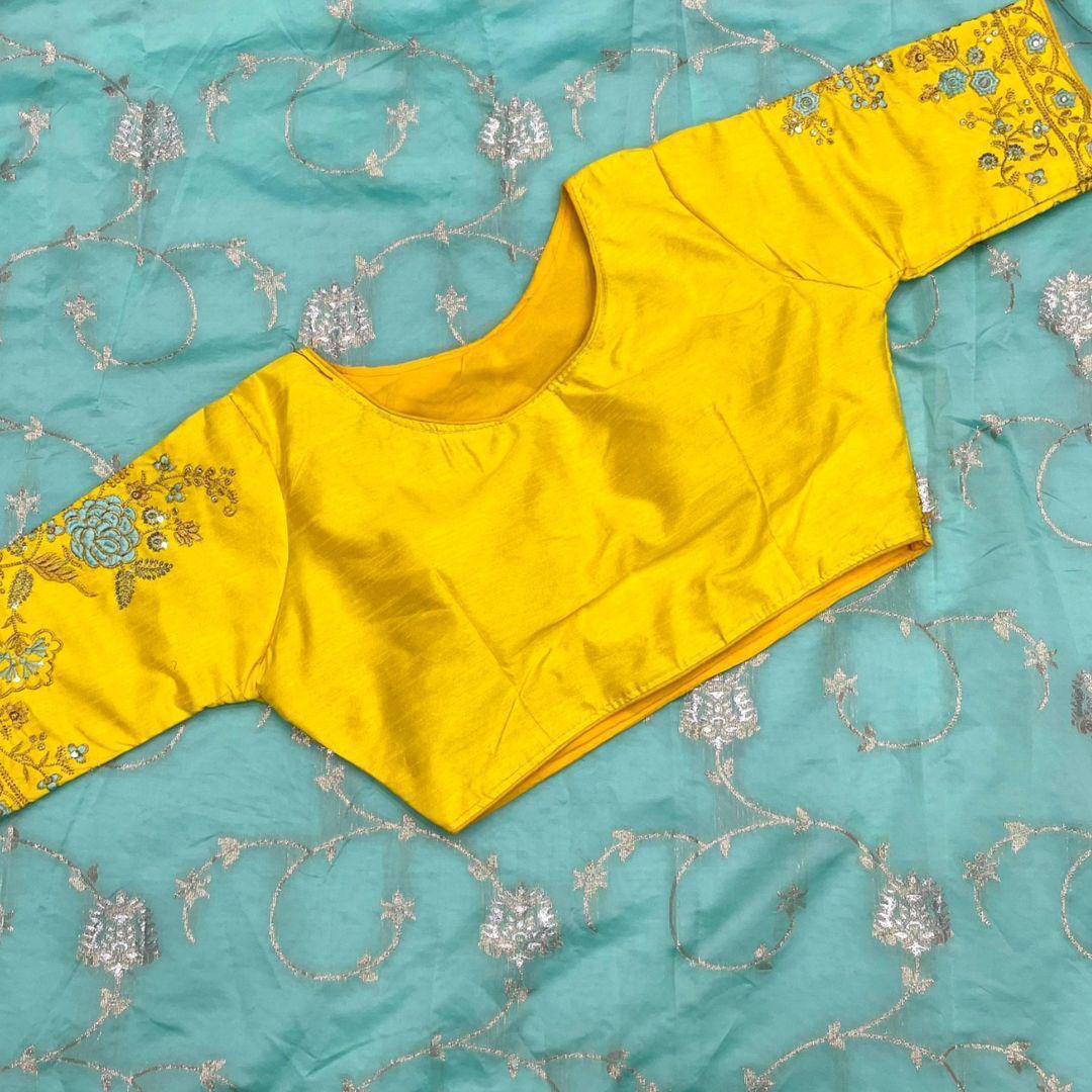 Party Wear Embroidery Work PISTA Saree With Golden Border - SKYE BLUE