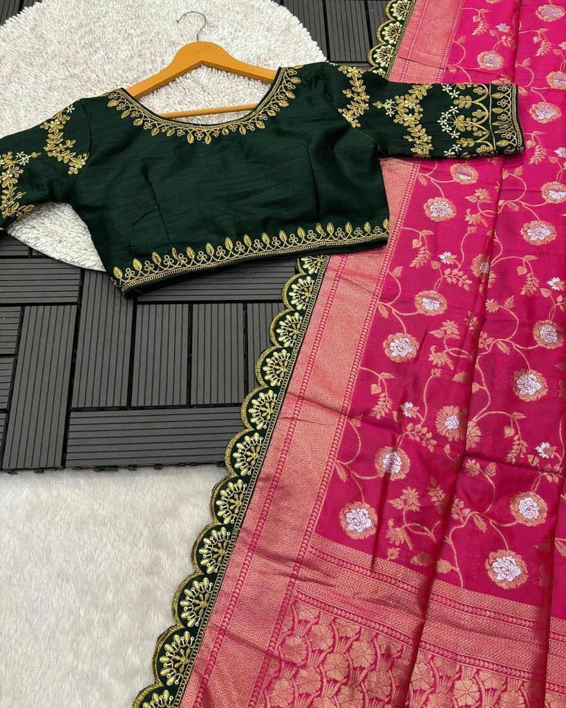 Party Wear Embroidery Work PISTA Saree With Golden Border - DARK PINK