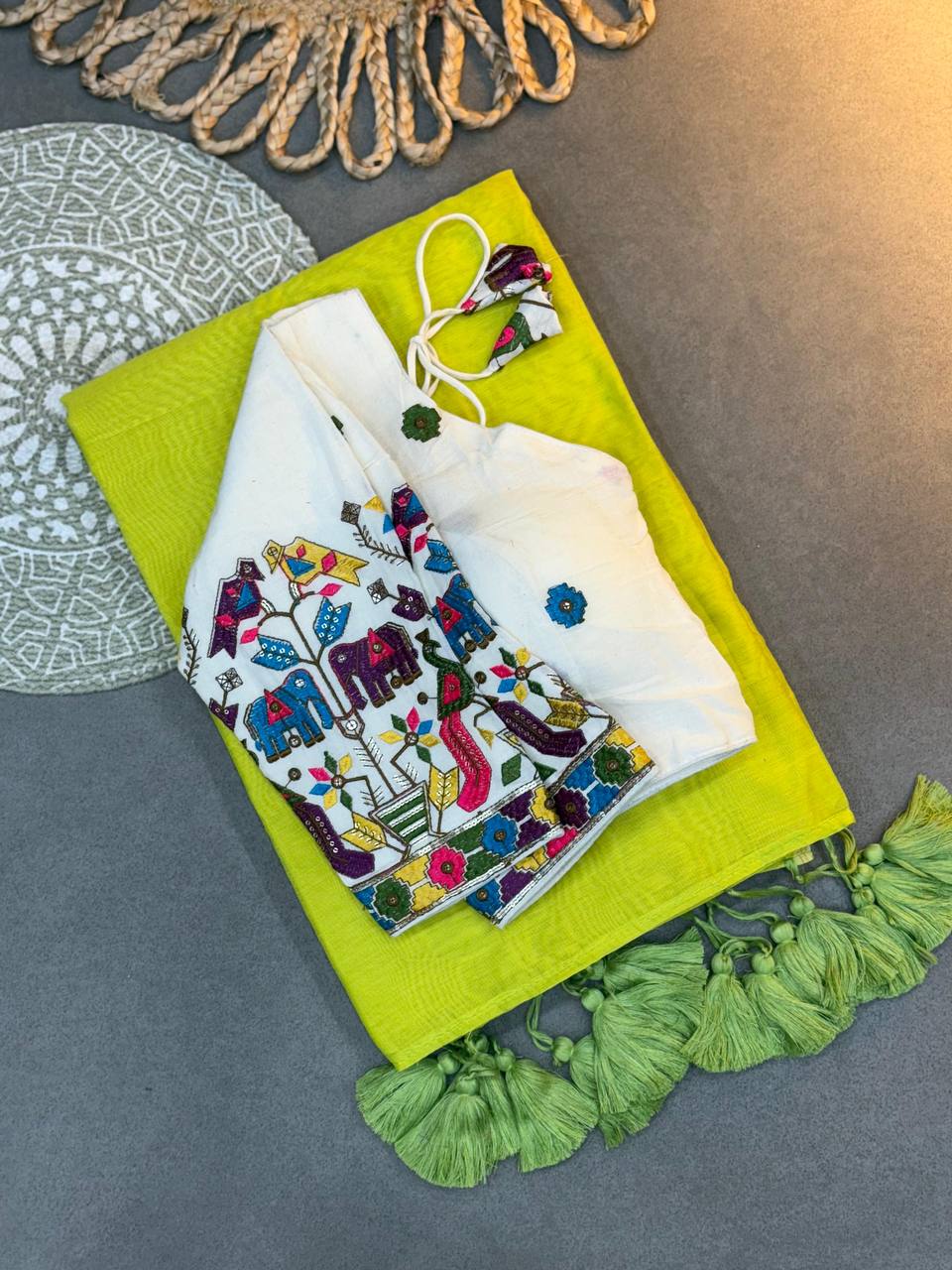 Handloom Khadi Cotton Saree in Perrot Embroidered White Blouse