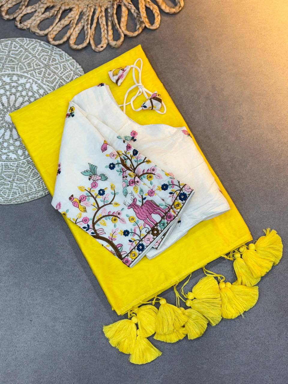 Handloom Khadi Cotton Saree in Yellow Embroidered White Blouse