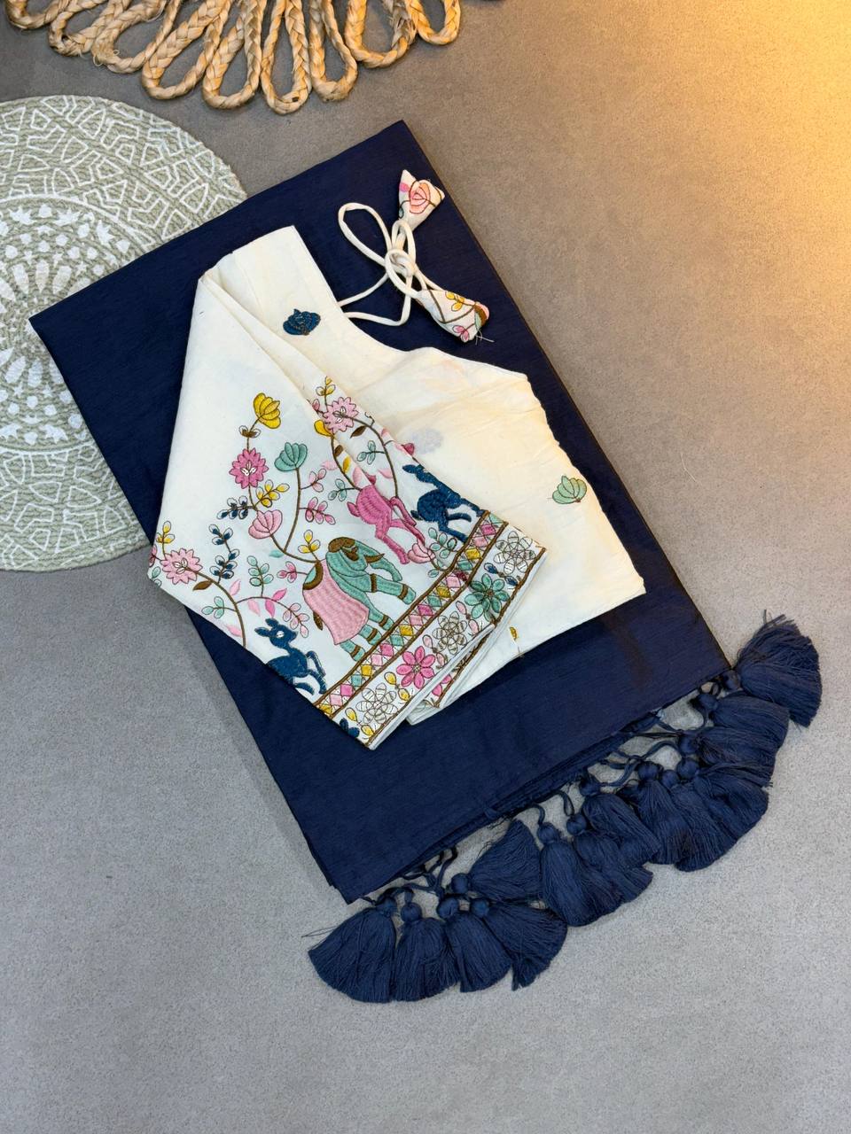 Handloom Khadi Cotton Saree in Blue Embroidered White Blouse