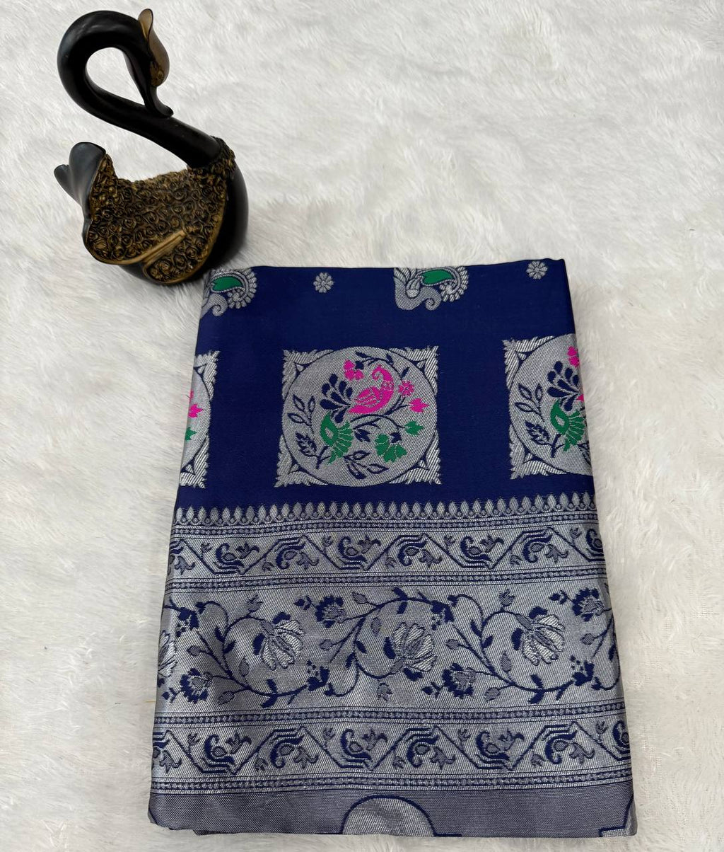 Paithani  Navy blue Silk Saree With Zari Weaving Work Indian Paithani Saree