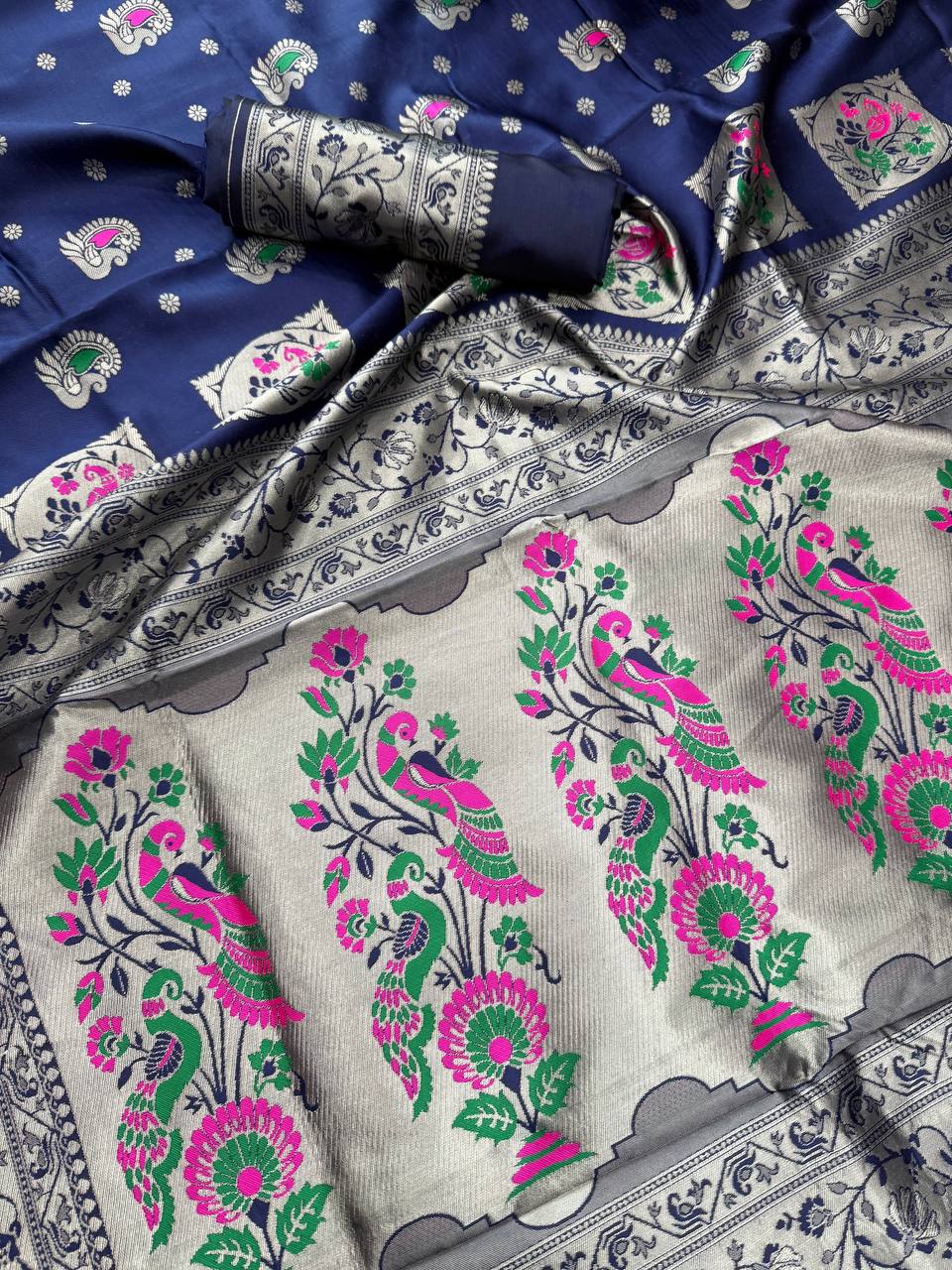 Paithani  Navy blue Silk Saree With Zari Weaving Work Indian Paithani Saree