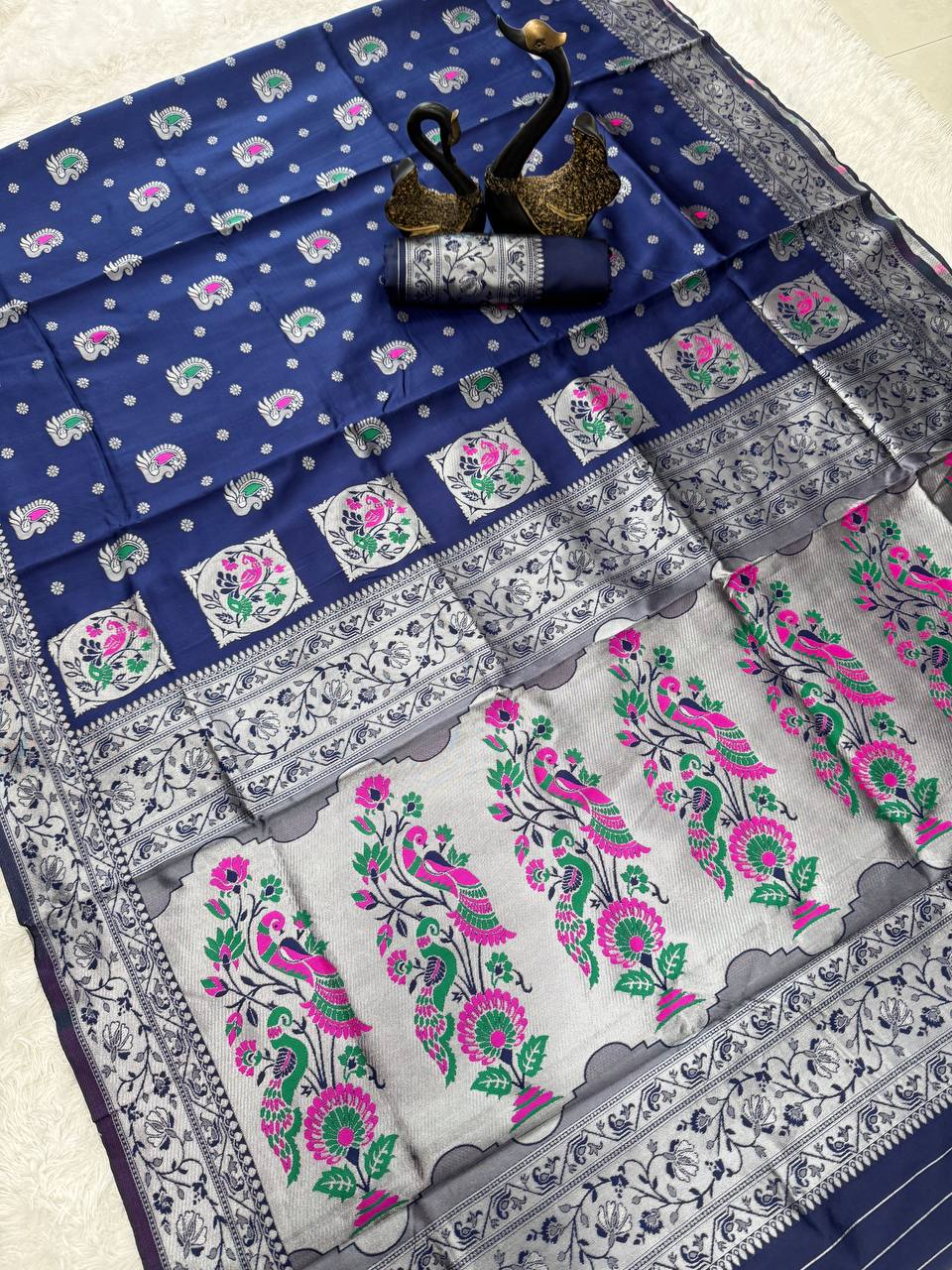 Paithani  Navy blue Silk Saree With Zari Weaving Work Indian Paithani Saree