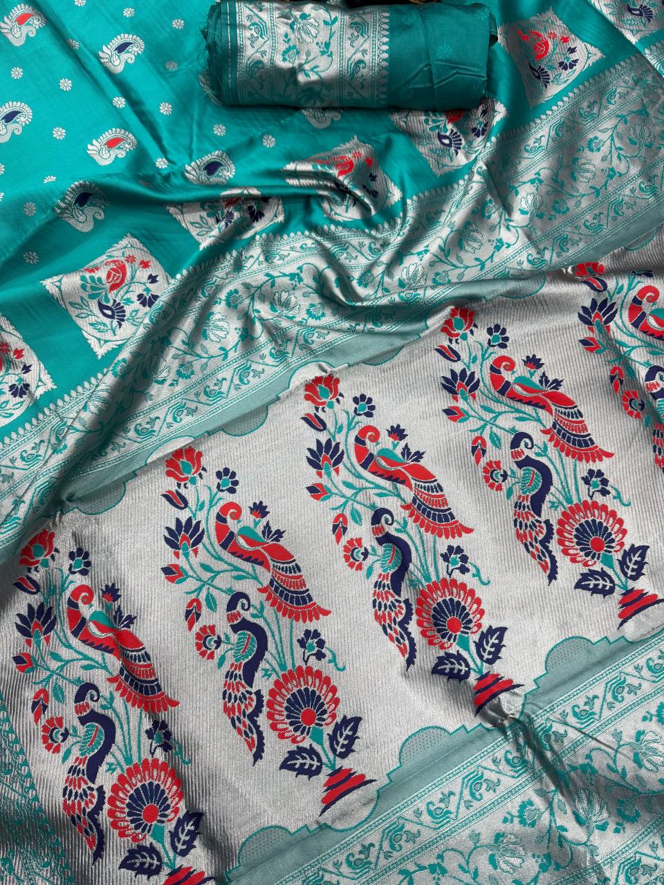 Paithani  ocean blue Silk Saree With Zari Weaving Work Indian Paithani Saree