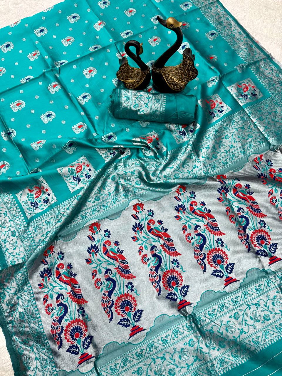Paithani  ocean blue Silk Saree With Zari Weaving Work Indian Paithani Saree