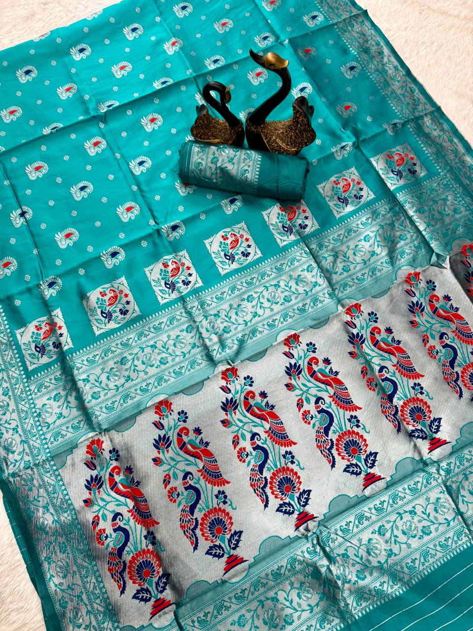 Paithani  ocean blue Silk Saree With Zari Weaving Work Indian Paithani Saree