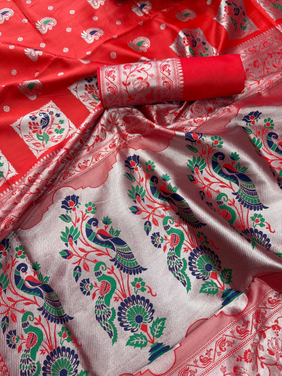 Paithani  Red Silk Saree With Zari Weaving Work Indian Paithani Saree