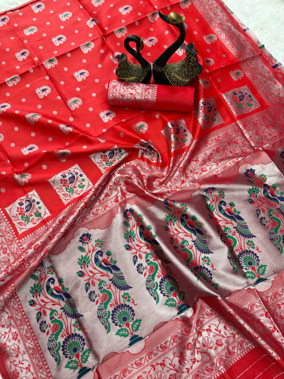 Paithani  Red Silk Saree With Zari Weaving Work Indian Paithani Saree