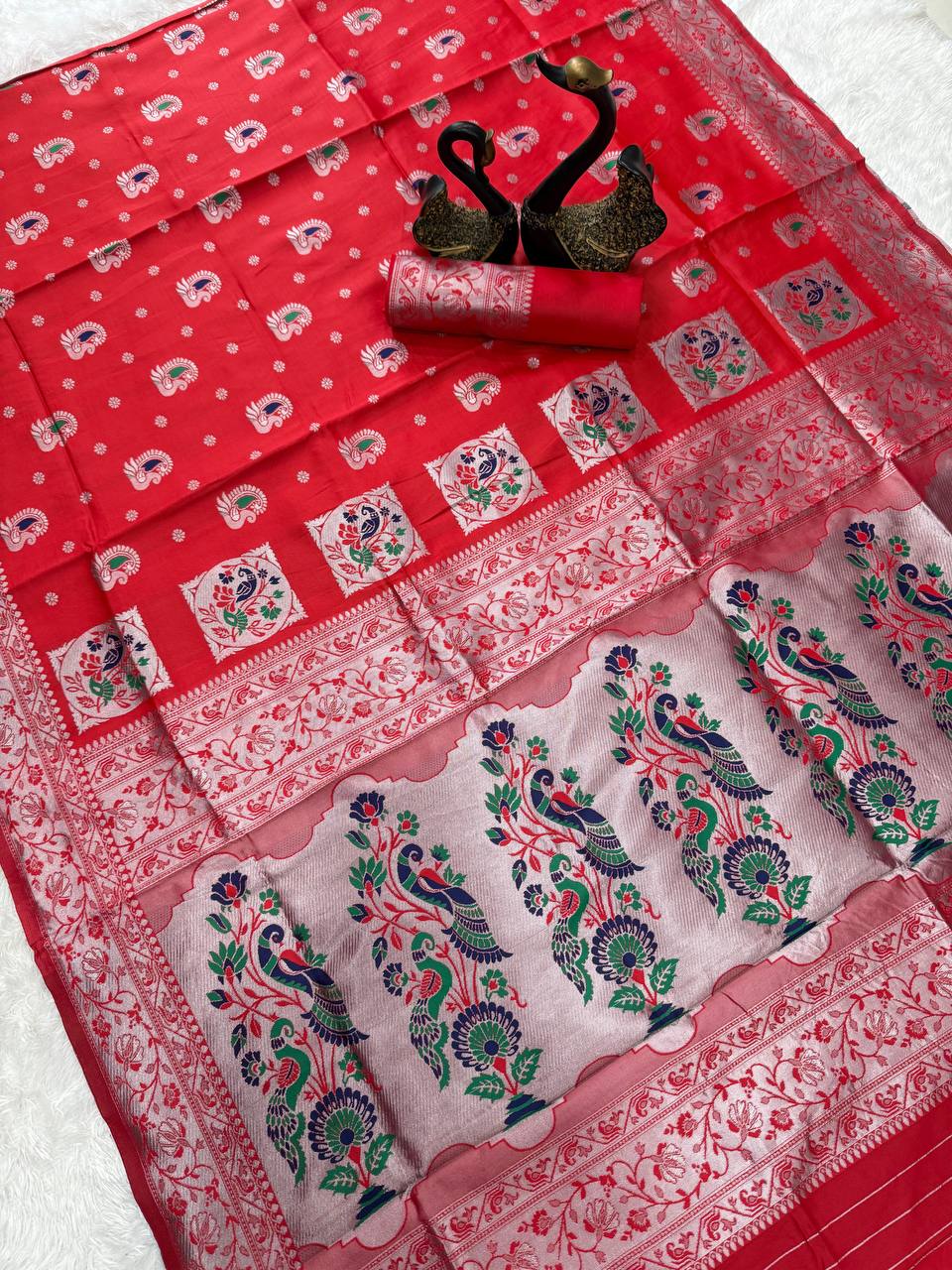 Paithani  Red Silk Saree With Zari Weaving Work Indian Paithani Saree