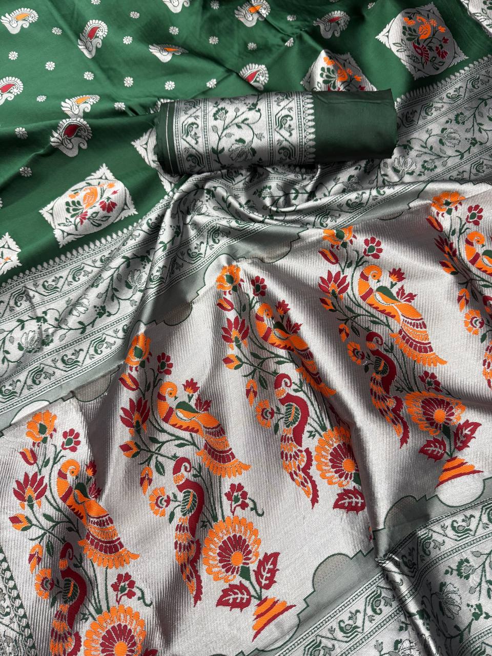 Paithani Dark Green Silk Saree With Zari Weaving Work Indian Paithani Saree