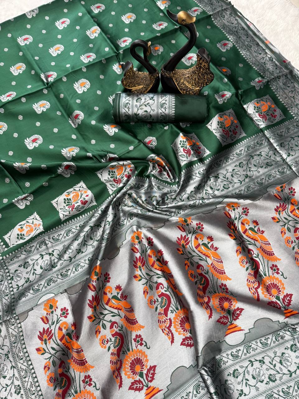 Paithani Dark Green Silk Saree With Zari Weaving Work Indian Paithani Saree