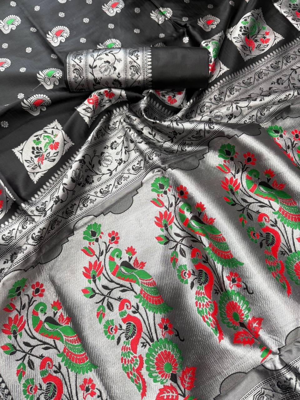 Paithani Black Silk Saree With Zari Weaving Work Indian Paithani Saree