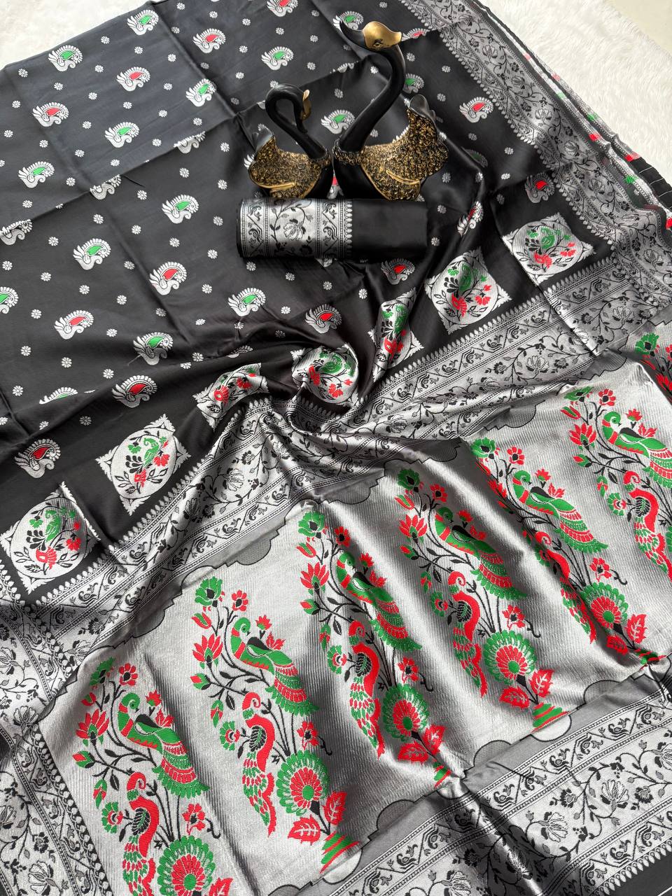 Paithani Black Silk Saree With Zari Weaving Work Indian Paithani Saree