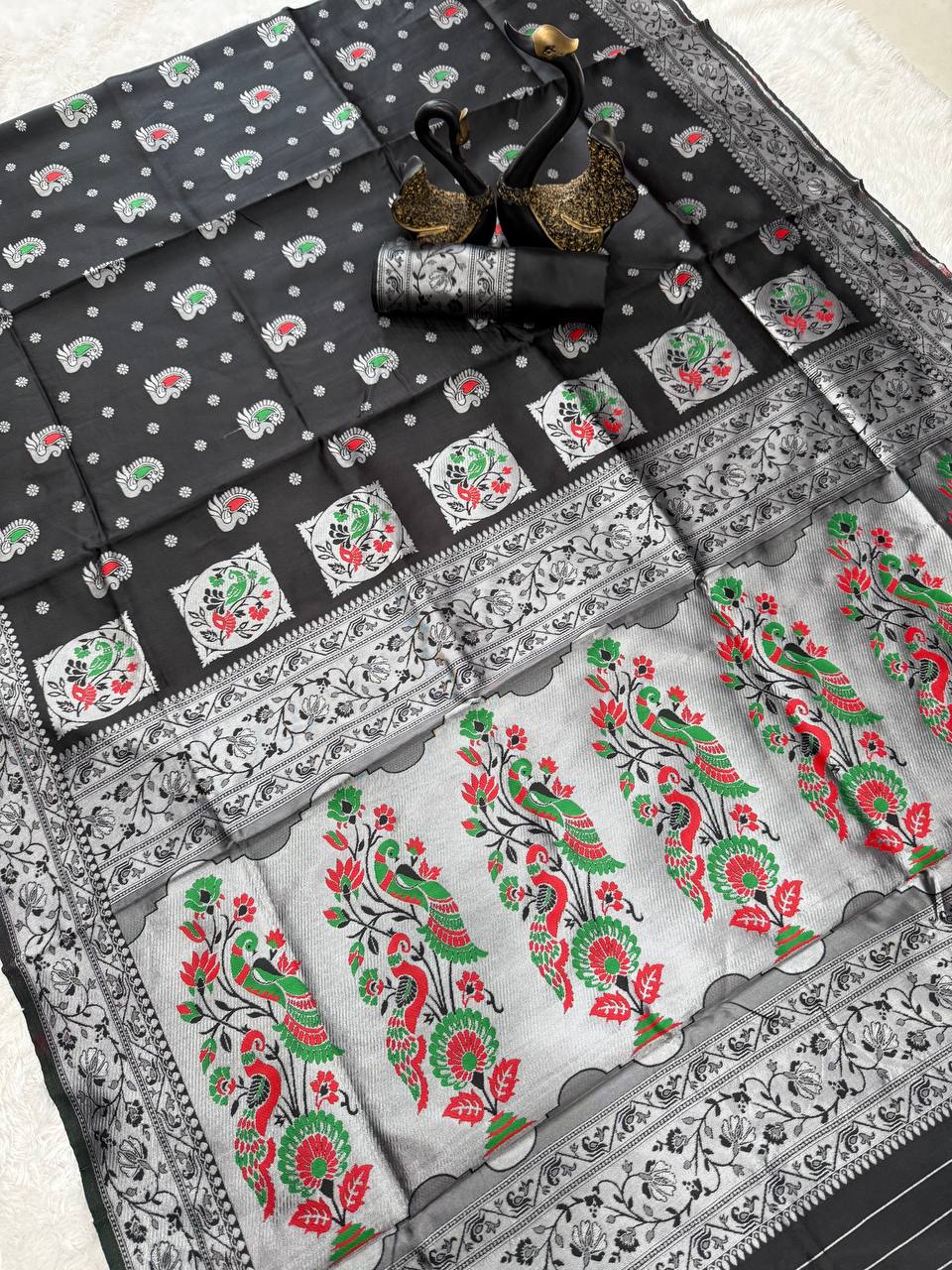 Paithani Black Silk Saree With Zari Weaving Work Indian Paithani Saree