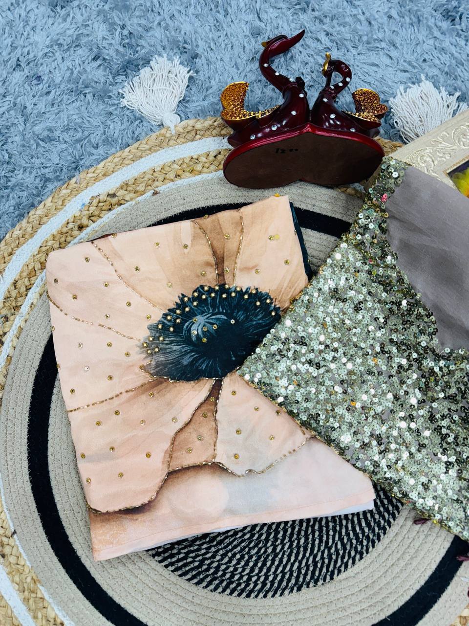 Floral Printed Satin Crepe Saree with Katdana & Pearls Handwork