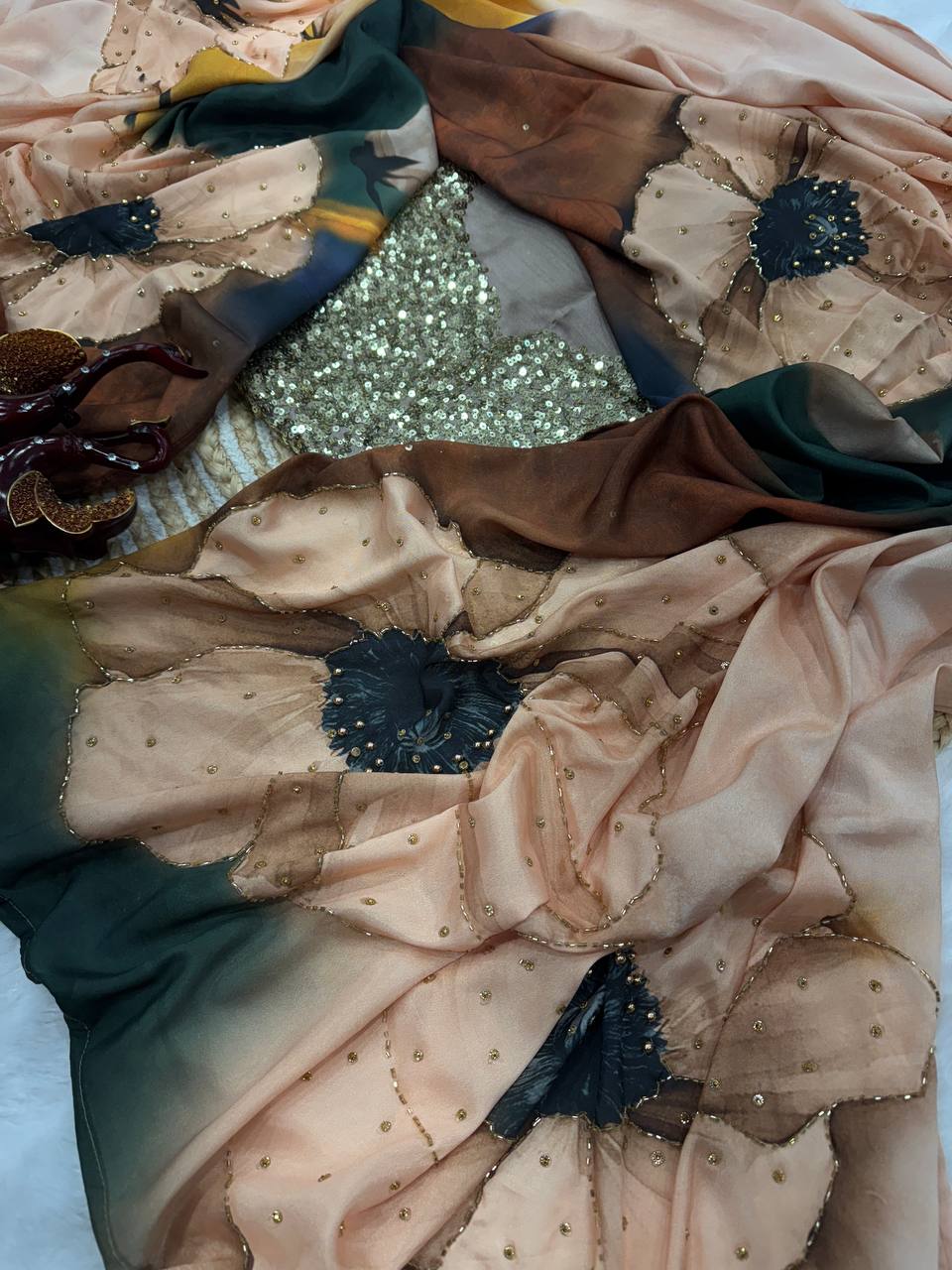 Floral Printed Satin Crepe Saree with Katdana & Pearls Handwork