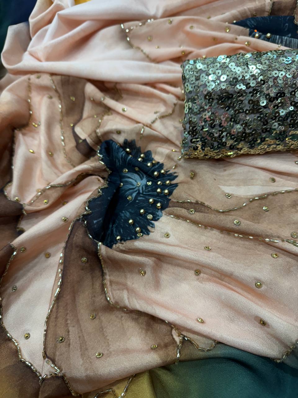 Floral Printed Satin Crepe Saree with Katdana & Pearls Handwork