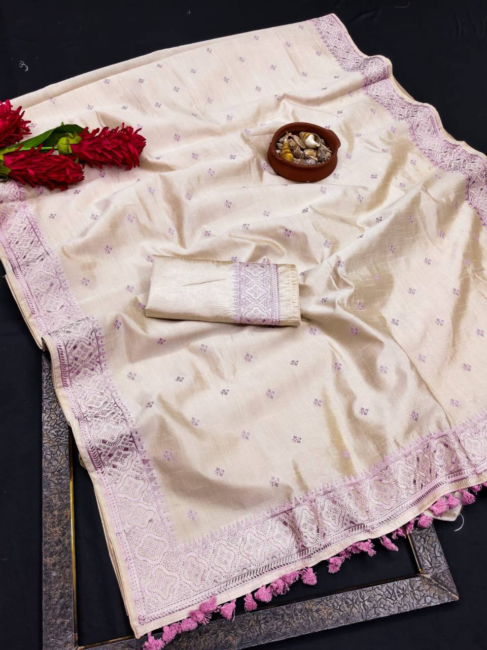Pure Tussar Saree with all over the multi thread embroidery work and piping border.