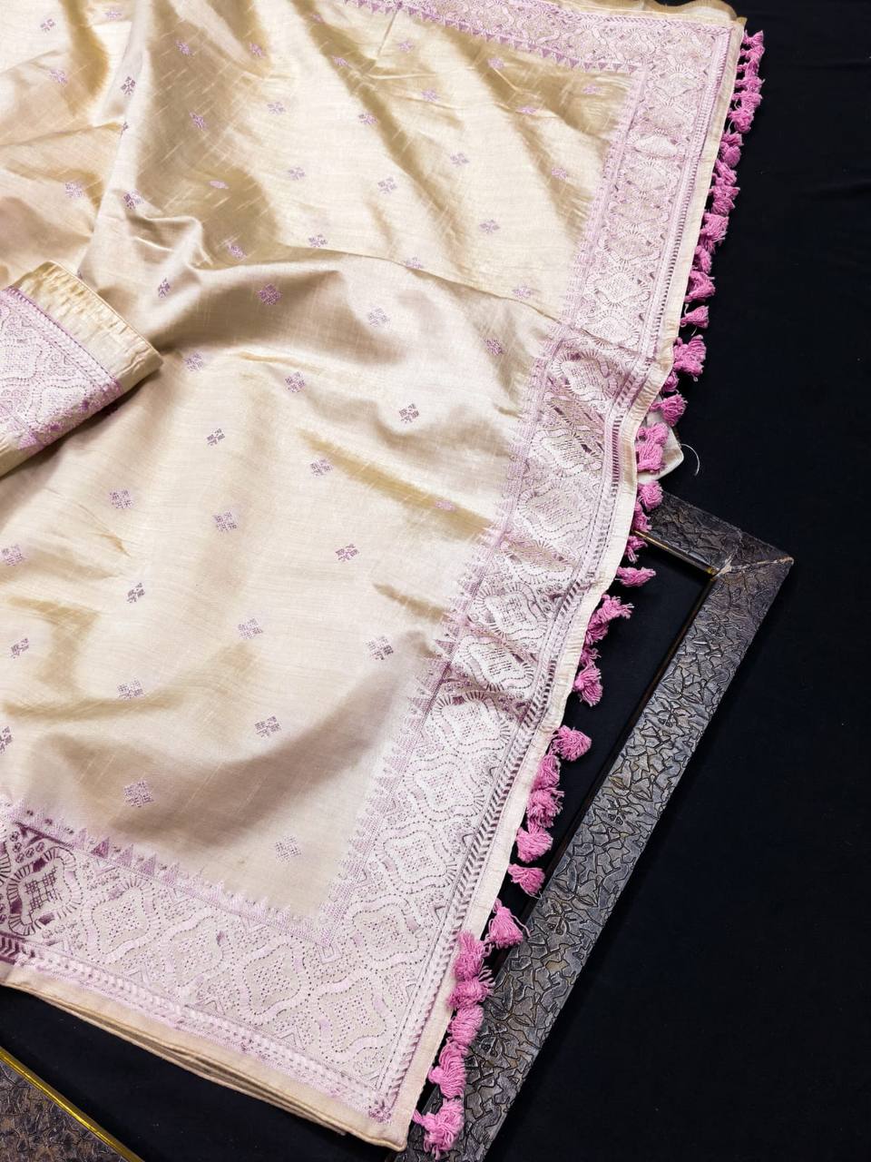 Pure Tussar Saree with all over the multi thread embroidery work and piping border.