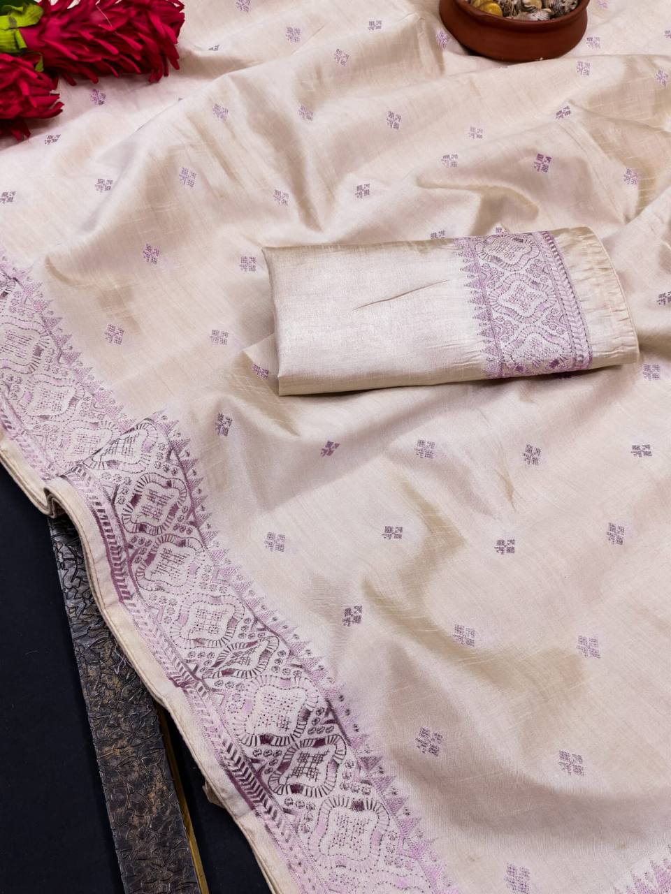 Pure Tussar Saree with all over the multi thread embroidery work and piping border.
