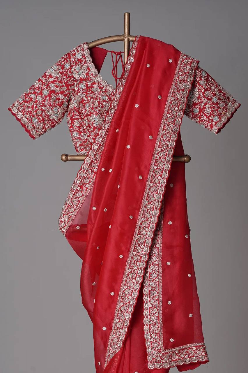 Red Color Sequins and Cording Embroidery Work Saree