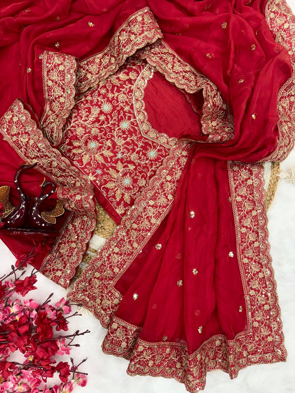Red Color Sequins and Cording Embroidery Work Saree