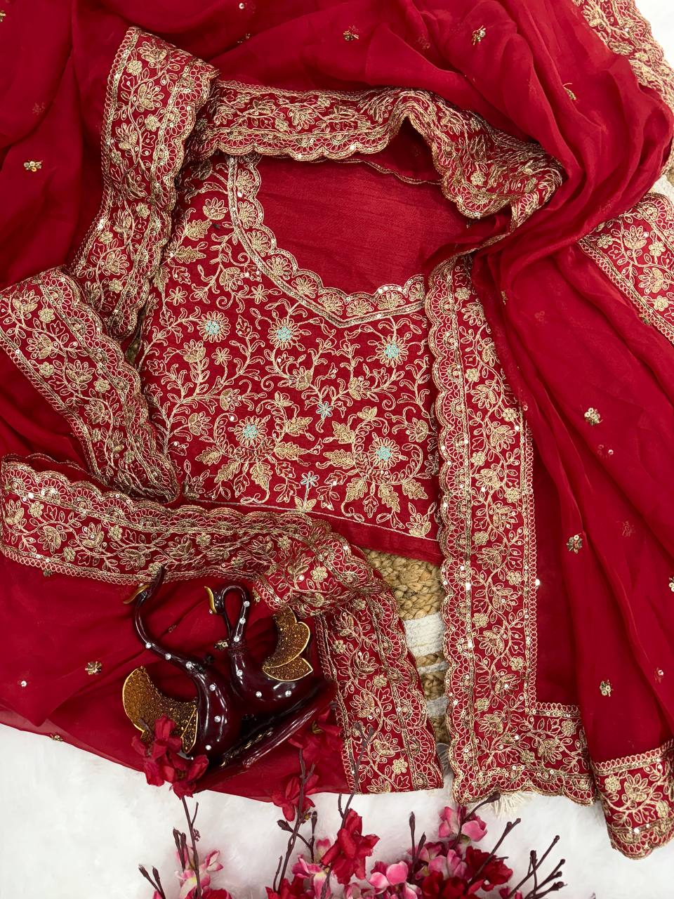 Red Color Sequins and Cording Embroidery Work Saree