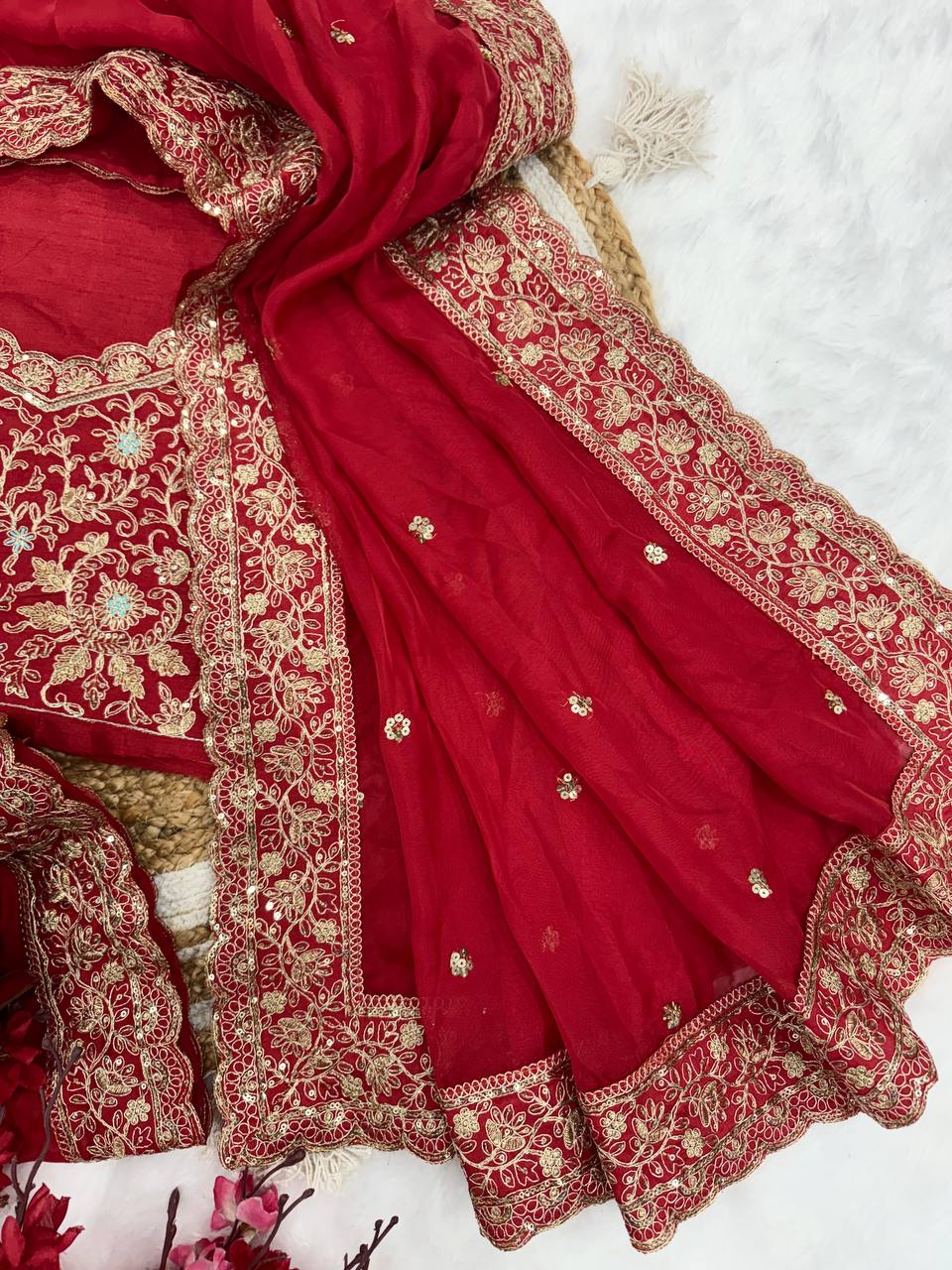 Red Color Sequins and Cording Embroidery Work Saree
