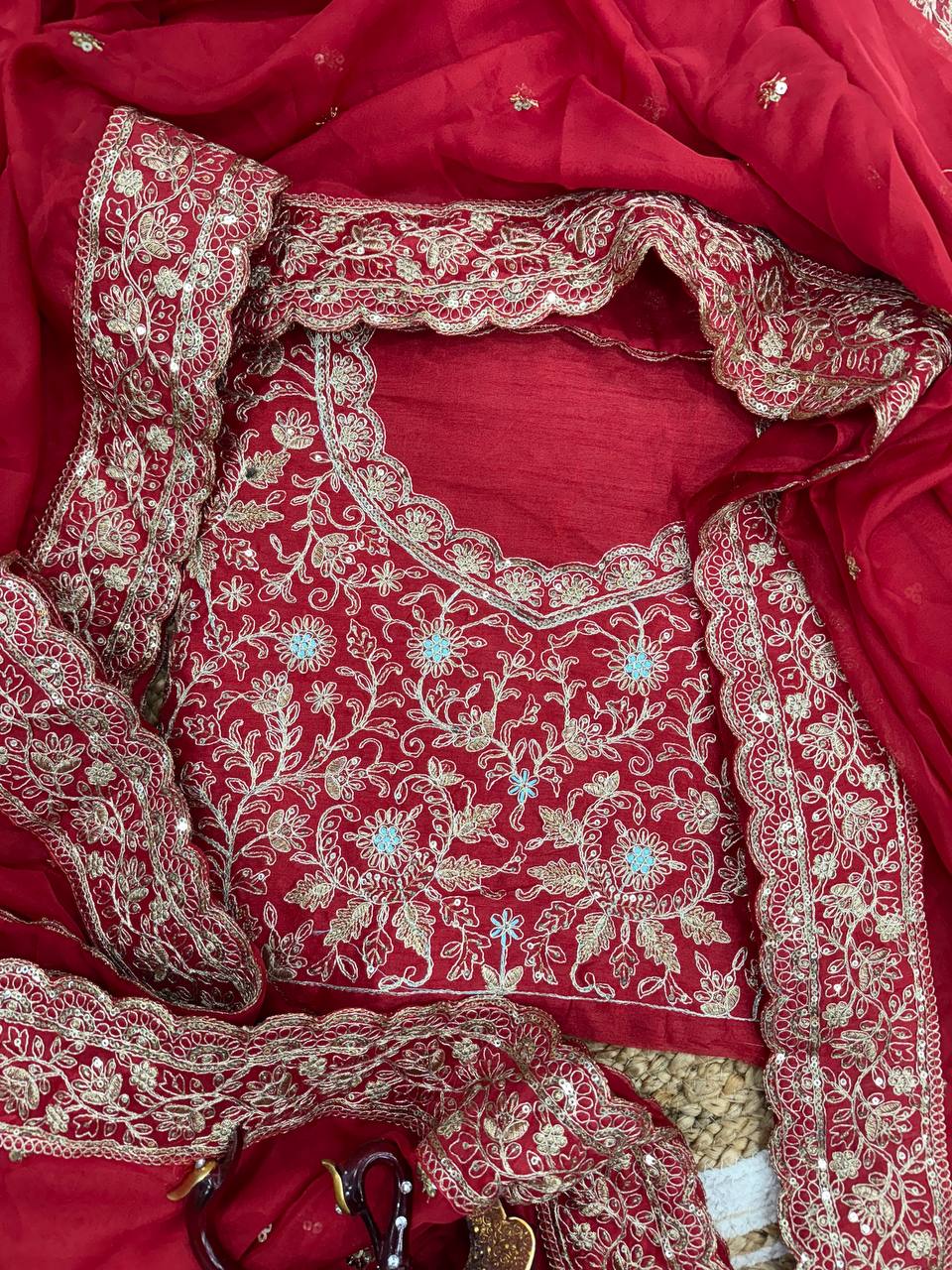 Red Color Sequins and Cording Embroidery Work Saree