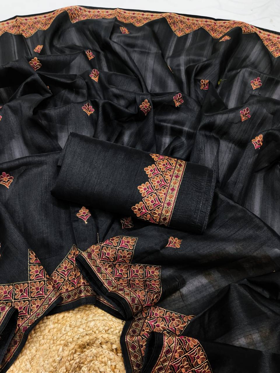 Embroidered Tussar Silk Saree with Blouse Multi Thread Work Wedding and Festival Wear-black