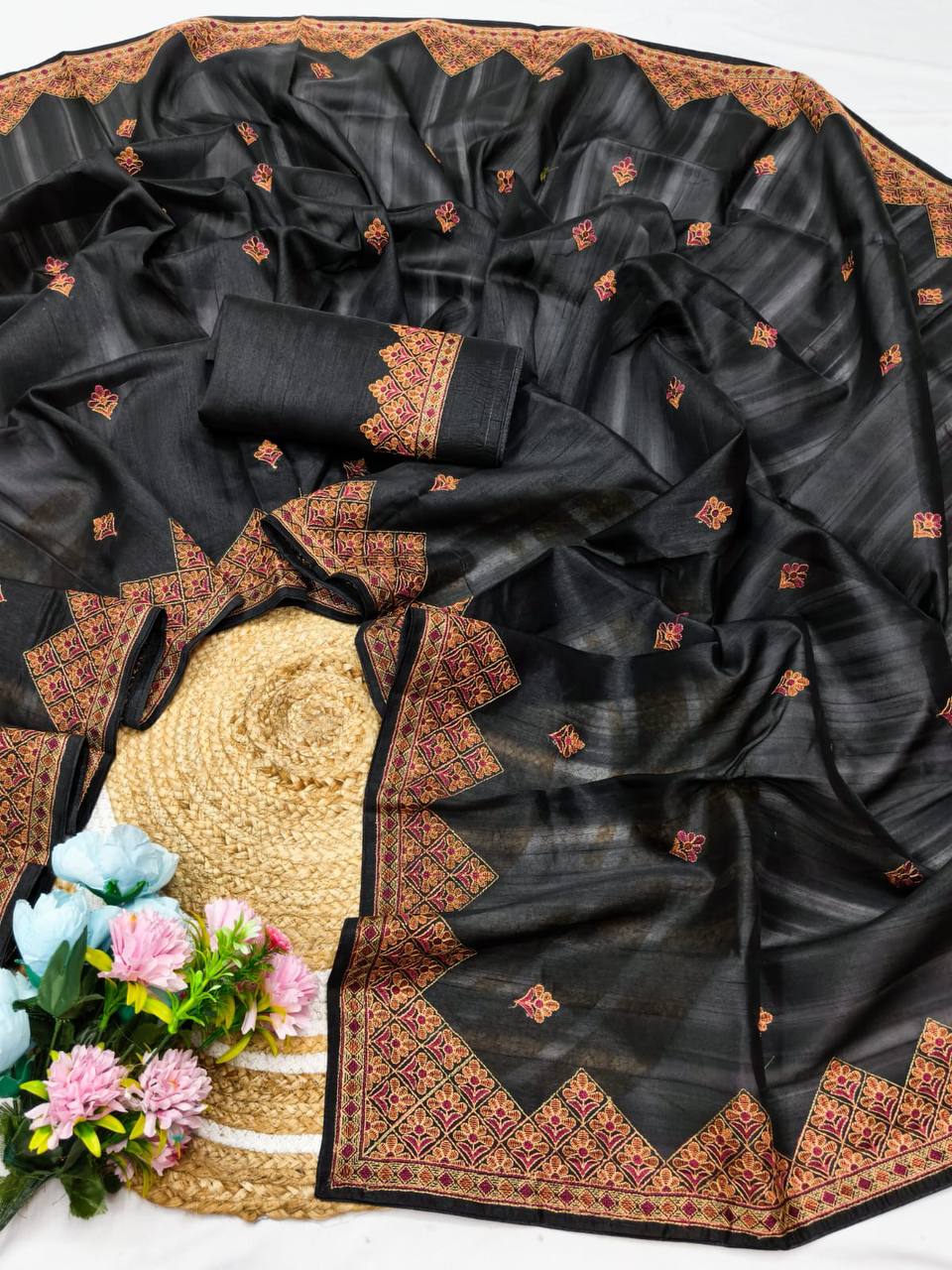 Embroidered Tussar Silk Saree with Blouse Multi Thread Work Wedding and Festival Wear-black