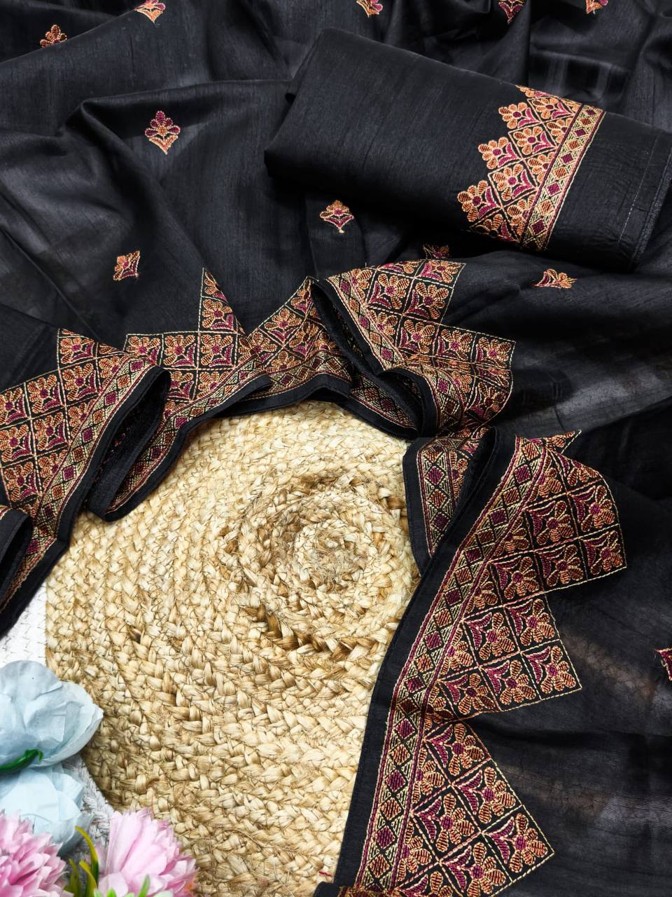 Embroidered Tussar Silk Saree with Blouse Multi Thread Work Wedding and Festival Wear-black