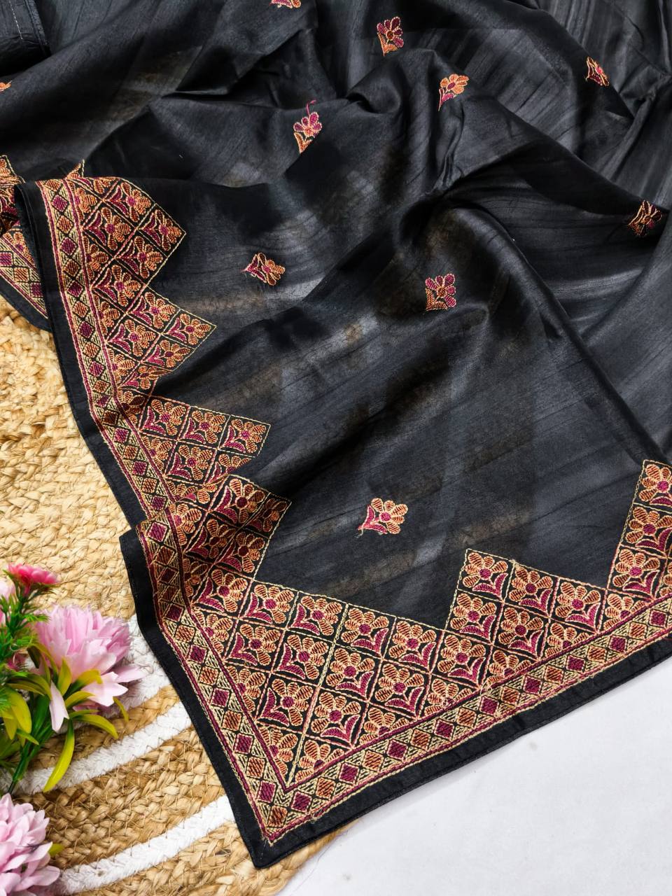 Embroidered Tussar Silk Saree with Blouse Multi Thread Work Wedding and Festival Wear-black