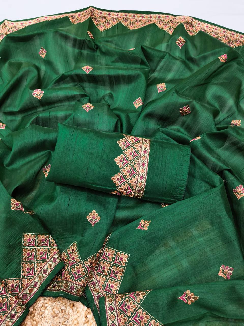 Embroidered Tussar Silk Saree with Blouse Multi Thread Work Wedding and Festival Wear-GREEN