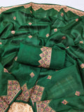 Embroidered Tussar Silk Saree with Blouse Multi Thread Work Wedding and Festival Wear-GREEN
