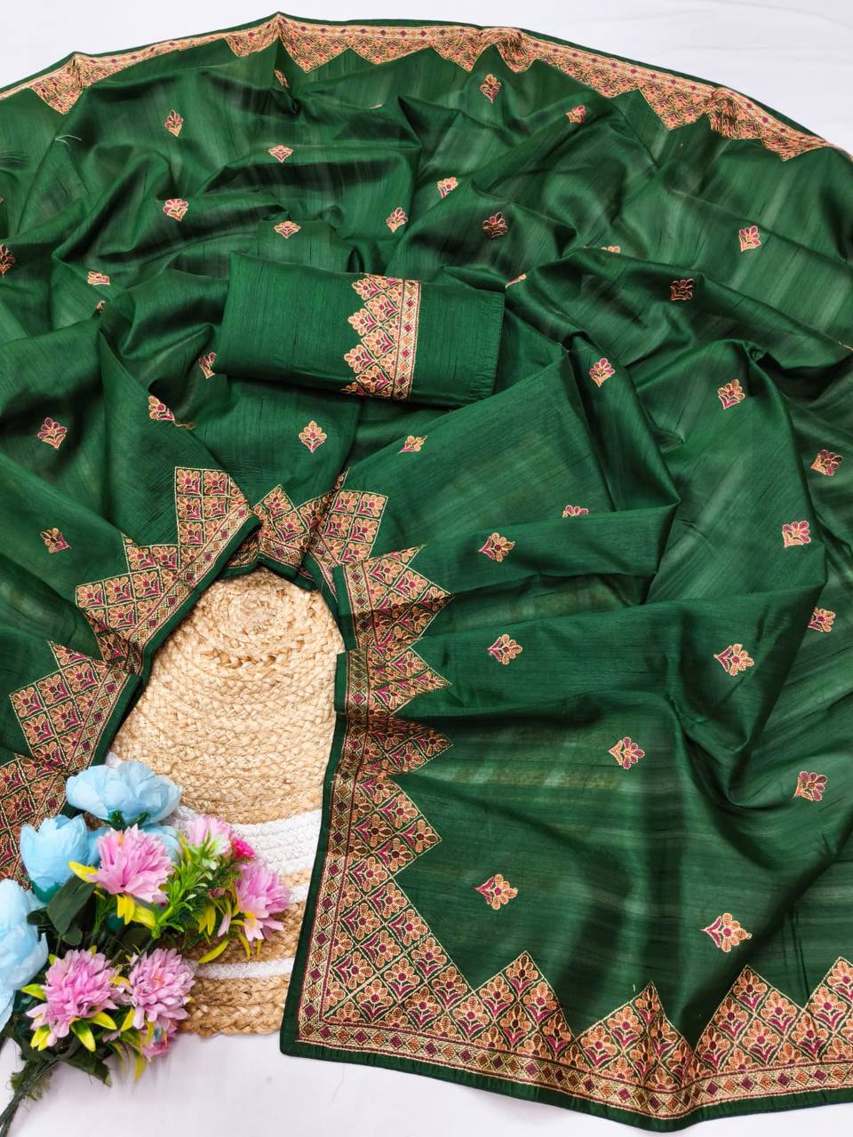 Embroidered Tussar Silk Saree with Blouse Multi Thread Work Wedding and Festival Wear-GREEN