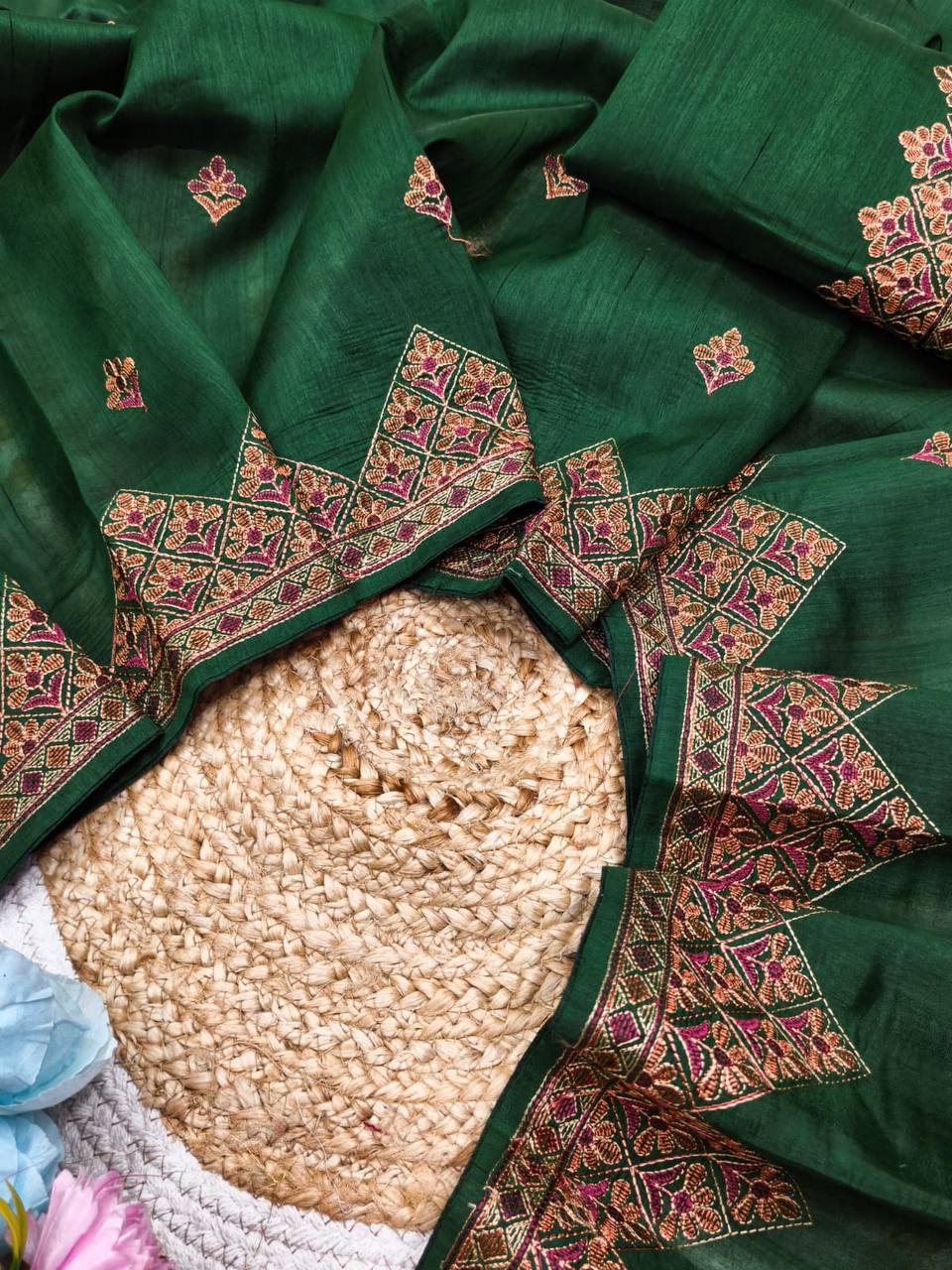 Embroidered Tussar Silk Saree with Blouse Multi Thread Work Wedding and Festival Wear-GREEN