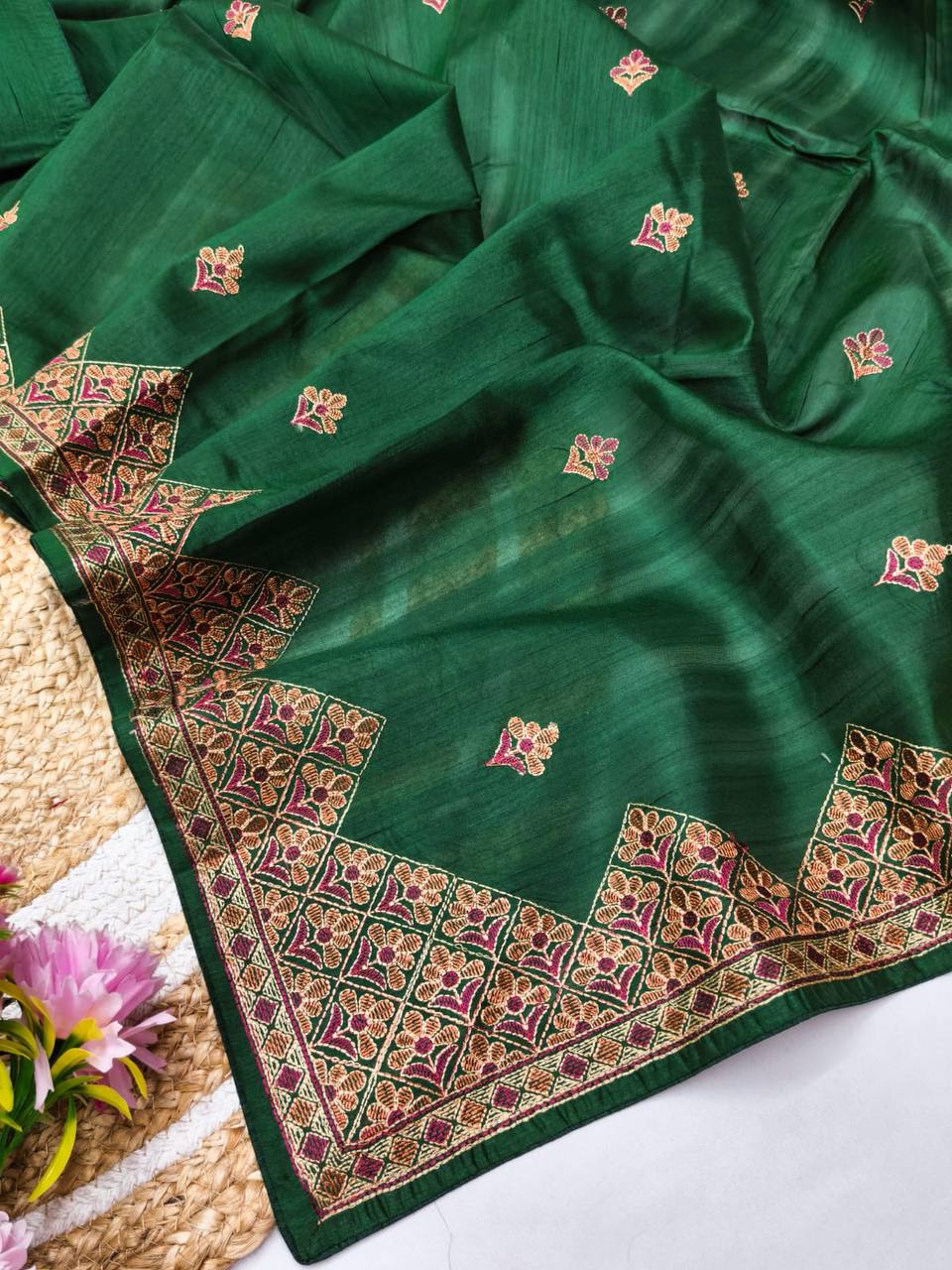Embroidered Tussar Silk Saree with Blouse Multi Thread Work Wedding and Festival Wear-GREEN