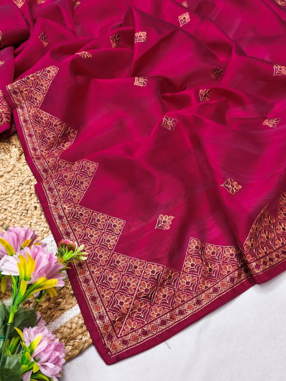 Embroidered Tussar Silk Saree with Blouse Multi Thread Work Wedding and Festival Wear-PINK