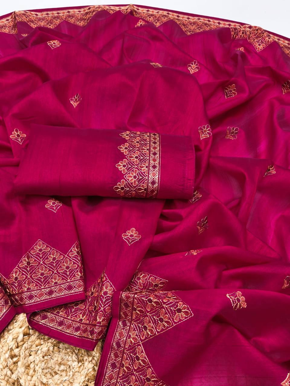 Embroidered Tussar Silk Saree with Blouse Multi Thread Work Wedding and Festival Wear-PINK