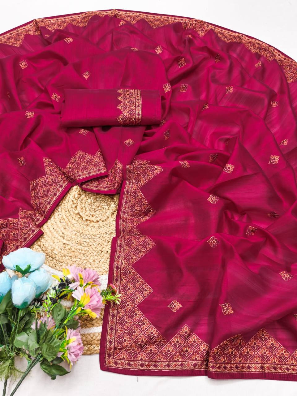 Embroidered Tussar Silk Saree with Blouse Multi Thread Work Wedding and Festival Wear-PINK